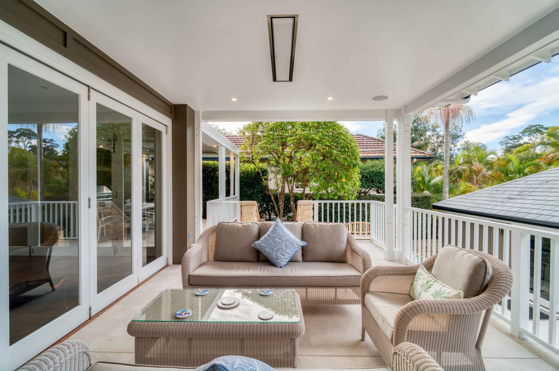Killara residence rear verandah with ceiling speakers and heaters