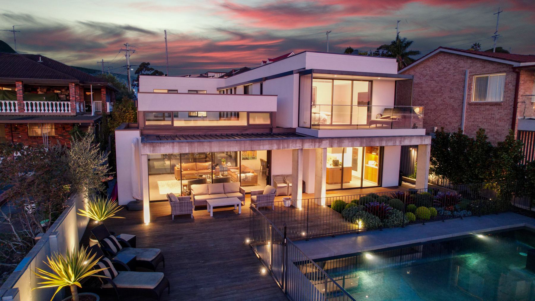 Sans Souci residence at dusk, lighting by Beachside Electrical Solutions